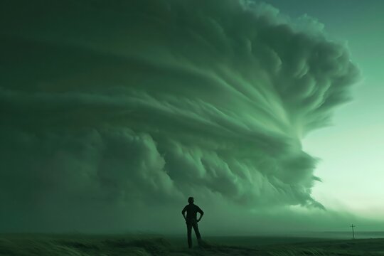 Person looking at powerful supercell storm cloud formation