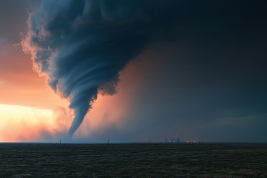 Powerful tornado forming over rural landscape at sunset