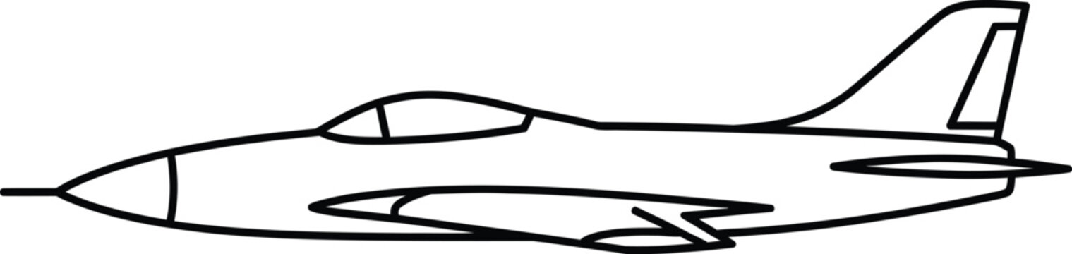 Black line of a fighter jet, side view, airplane aircraft military plane line black line
