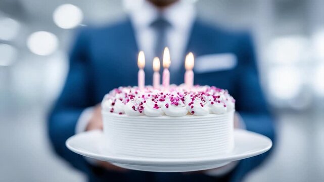 A Slice of Success: A dapper man in a sharp suit presents a beautifully decorated birthday cake, its candles alight, symbolizing celebration and sweet moments in business or life.