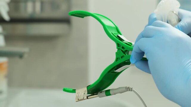 Medical worker prepares electrode clamp with spray tool. Specialist treats device surface adjusting parts before attaching to body