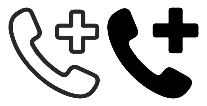 Black and white phone receiver icons with plus symbol for call or contact on transparent background