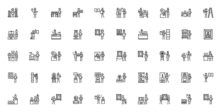 Museum icon set. Minimal line icon pack. Vector illustration. Featuring curator, librarian, exhibition, tour, docent, educator, visitor, ticket office, archivist, planetarium, staff, security guard, c