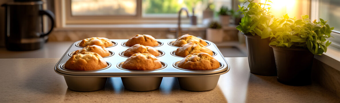 Creative food template, Classic homemade muffins in Baking tin tray on kitchen counter with clear day sun light shining. Long banner. Copy text space.