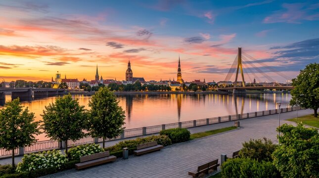 A vibrant, high-resolution photograph capturing the scenic Daugava River promenade
