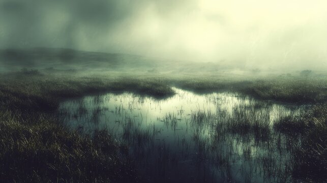 An atmospheric swamp landscape shrouded in heavy, clinging fog with muted light filtering through the overcast sky.
