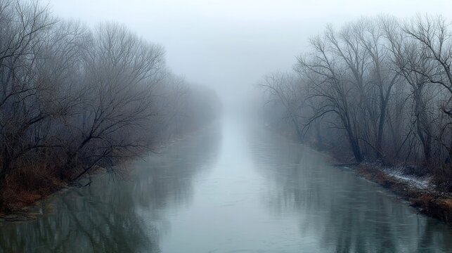 Atmospheric fog clinging to the surface of a misty river bordered by leafless trees