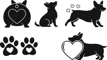 Cute corgi dog silhouette icon set featuring puppy paws fluffy butt and hearts for pet lovers valentine greeting cards graphic vector design assets © RONI
