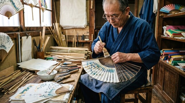 Craftsman Painting Traditional Japanese Fan in Workshop.