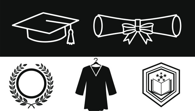 Graduation academic celebration icon set featuring mortarboard hat diploma scroll laurel wreath gown on hanger and shield badge with open book for university education graphic designs