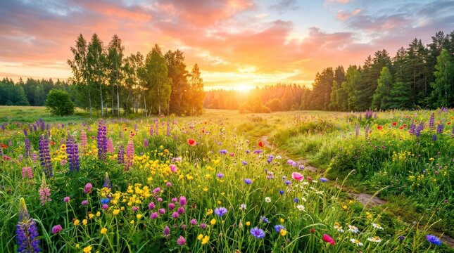 A breathtaking Latvian meadow bursting with colorful wildflowers under an intense golden sunrise