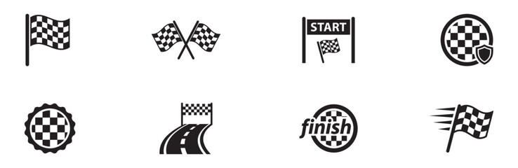 Automotive, Racing, and Competition Icons. Chequered Flags, Start and Finish Lines, Shield, and Trophy. Vector Illustrations. © Roberto_Caravelli