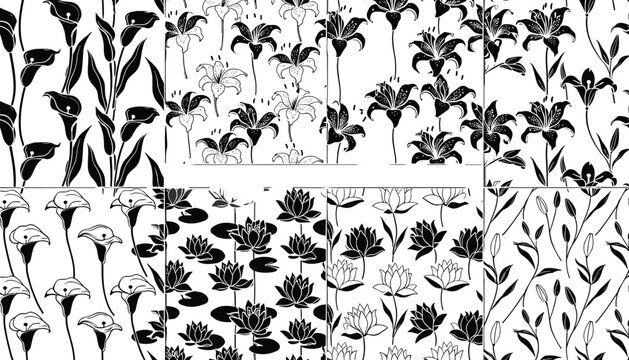 Monochrome black and white botanical seamless pattern collection with calla lilies waterlotus and tiger lily floral sketches for elegant textiles wallpaper backgrounds