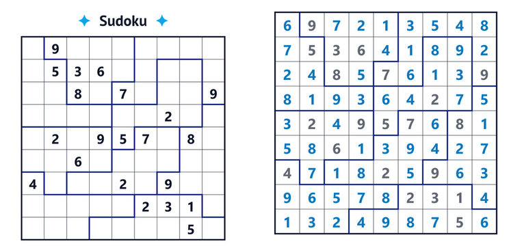 Sudoku puzzle sheet with empty grid and completed solution  