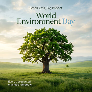 World environment day poster with tree in green field and blue sky