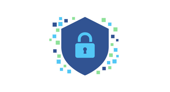 Digital security shield with lock icon.