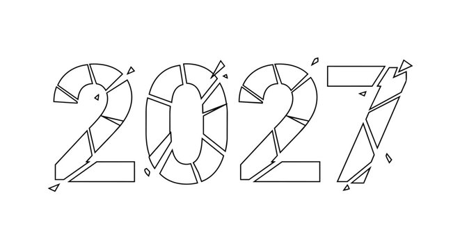 Fragmented 2027 Happy New Year typography design with broken geometric number forms that remain visually connected. Modern readable lettering for creative branding isolated on white background