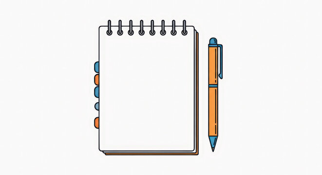 Professional flat vector illustration of a notepad with colored tabs and a pen for office or study