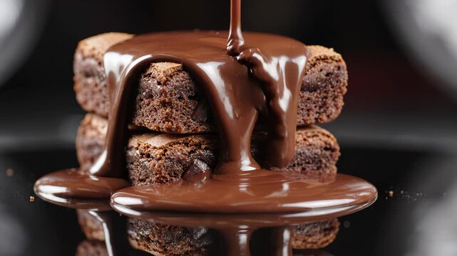Stacked chocolate brownies with melted chocolate representing the joy of cooking and shared meals