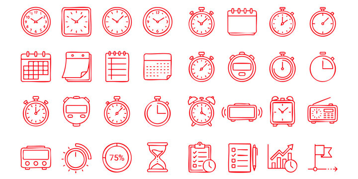 A collection of various clock and calendar icons are displayed on a screen.