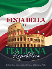 Italian republic day celebration with colosseum and flag