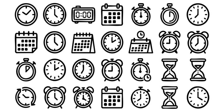 Various timekeeping devices and calendar icons are displayed on a plain surface.