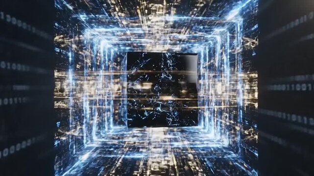 Futuristic Digital Data Stream Visualization with Glowing Square and Binary Code.