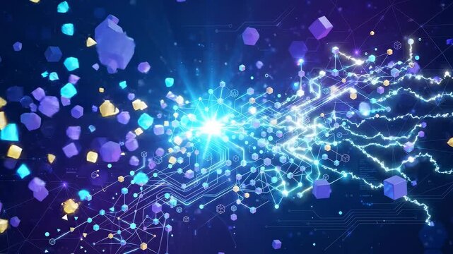 Tracking zoom motion of data network nodes transmitting energy across glowing circuit and floating cubes in cyber digital interface background at night