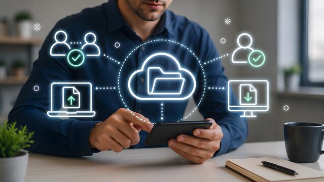 Man using smartphone with cloud computing holographic interface displaying digital file sharing team collaboration and remote network synchronization concept