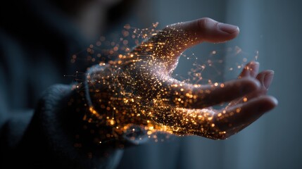 Obraz premium A hand holds a swirling galaxy of golden particles, a magical representation of creation and wonder. ..Created with Generative AI, not depicting real subjects.