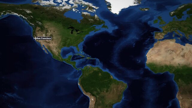 Animated Flight Route Map from San Francisco to Dublin Across the Atlantic Ocean