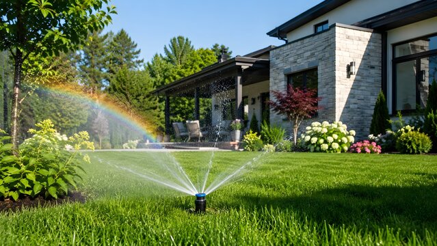 Garden sprinkler watering green lawn in front of modern house with sunny backyard landscape irrigation system fresh grass care outdoor home gardening and residential landscaping maintenance scene