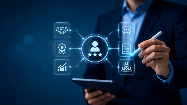 Businessman using tablet with stylus interacting with holographic user profile and feedback rating icons representing customer relationship management and employee evaluation concept