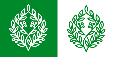 Fototapeta premium Green and white illustrations of leaves and branches on colored backgrounds