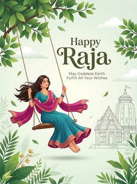 Woman in traditional indian attire swinging outdoors with temple background happy raja festival celebration