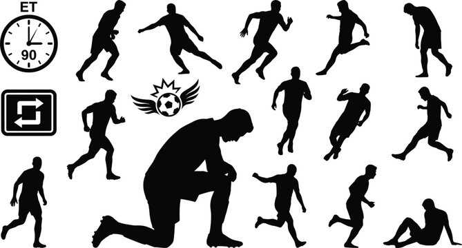Black silhouettes of soccer players in various action poses, with clock and football
