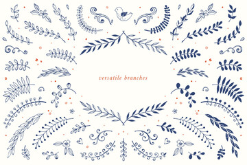 Vector hand drawn branches, ornate elements and floral motifs. For branding, graphic design, packaging, stickers, business and greeting cards, invitations, menu, diplomas. © KatyaKatya