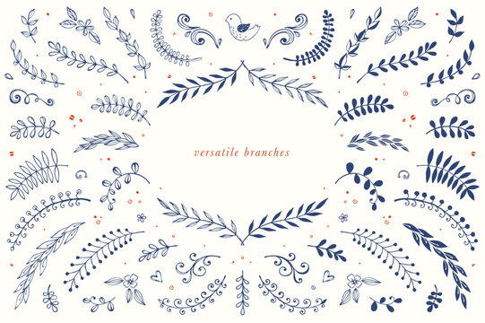 Vector hand drawn branches, ornate elements and floral motifs. For branding, graphic design, packaging, stickers, business and greeting cards, invitations, menu, diplomas.