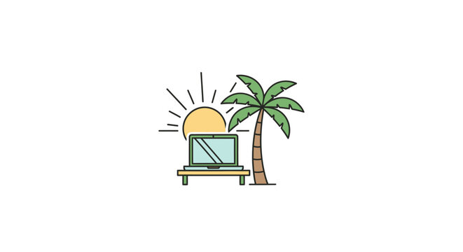 Television on table under palm tree.