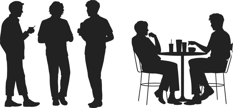 Social interaction silhouettes, people drinking conversation, cafe table scene, black abstract figures, lifestyle design, modern relationship art, everyday activity concept illustration