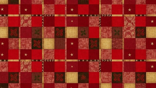 Festive red and tan patchwork fabric pattern with stars and florals
