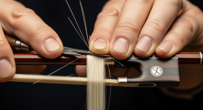 Close-up of Violin Bow Rehairing Process by Skilled Luthier.