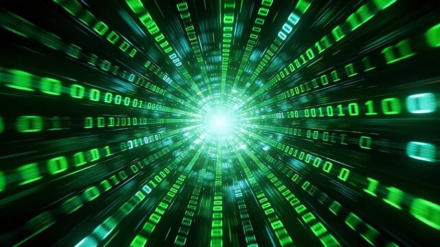 Digital binary code tunnel with streaming green data and central bright light