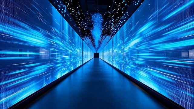 Futuristic corridor with glowing blue screens and particle effects on walls