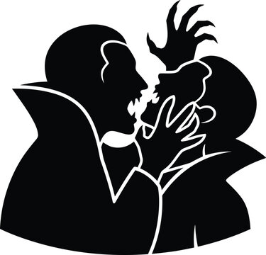 Creepy vampire biting neck of screaming victim in horror scene vector illustration