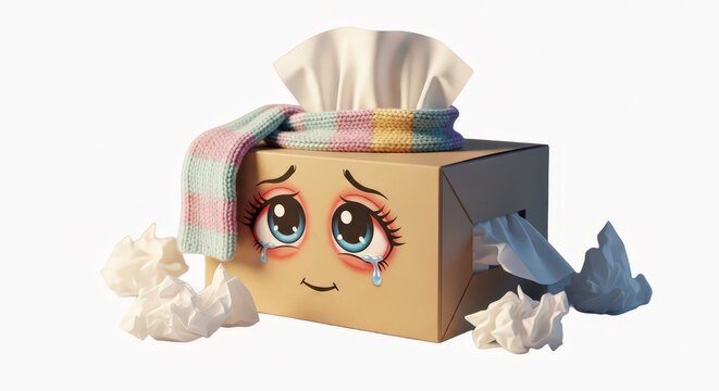 Emotional support tissue box with sad cartoon face tissue papers and colorful scarf