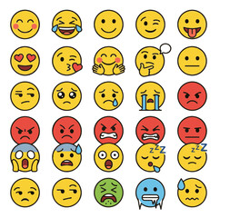 Fototapeta premium A comprehensive collection of expressive cartoon emoji icons, showcasing a broad spectrum of human emotions, for digital communication and creative graphic design