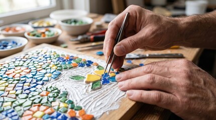 Obraz premium Crafting a Mosaic - Close-up of Hands and Colorful Tiles.