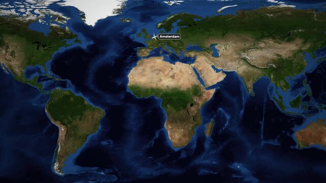 Animated Airplane Route Map Connecting Amsterdam and Santiago Across the Atlantic