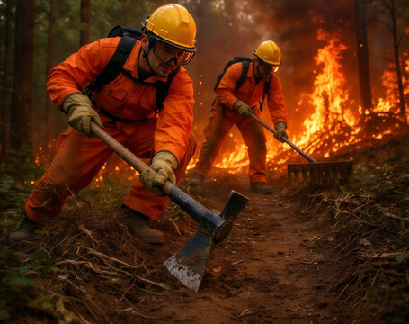 Two brave firefighters in orange protective gear clear dirt with a pulaski axe and rake to create a firebreak during a dramatic forest wildfire.